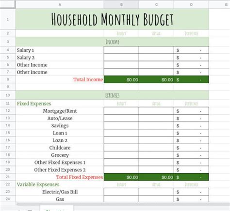 Household Monthly Budget Spreadsheet Budget Calculator Etsy