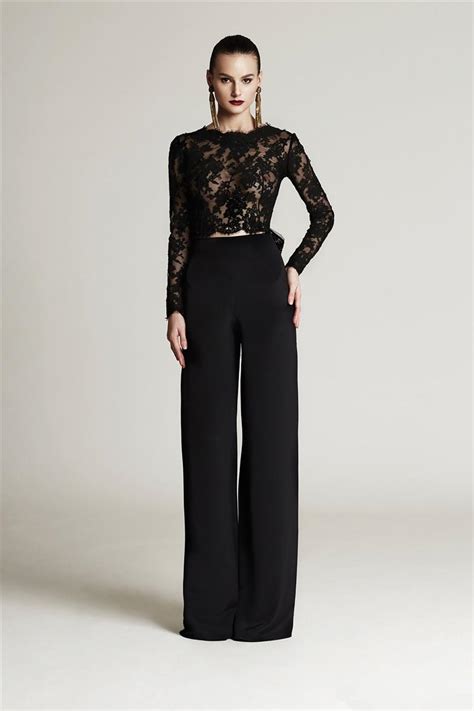 elegant 2015 black lace mother of the bride pant suits chiffon jewel long sleeve back bow