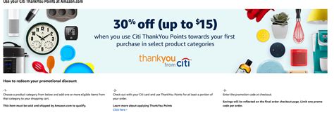 Take action now for maximum saving as these discount codes will not valid forever. Expired YMMV Citi Amazon Promotion: Save 30% on Various Categories by Using 1 TYP Point ...