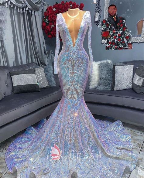 Iridescent Plunging Long Sleeve Mermaid Prom Dress In 2020 Prom Girl