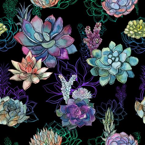 O preto foi uma das primeiras cores usadas por artistas em pinturas rupestres neolíticas. Padrão sem emenda com suculentas em fundo preto. | Vetor ...