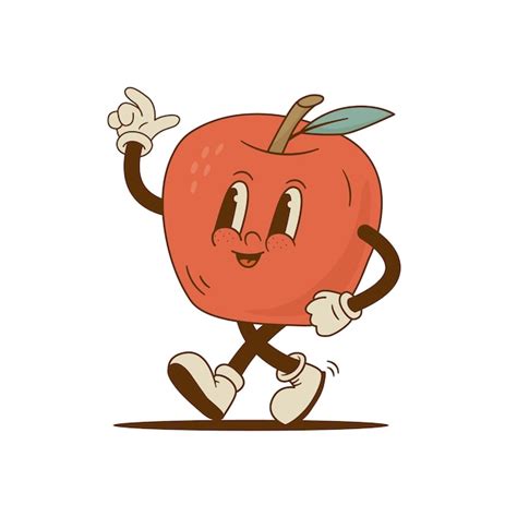 Premium Vector Retro Cartoon Apple Mascot In Groove Style Cute Fruit