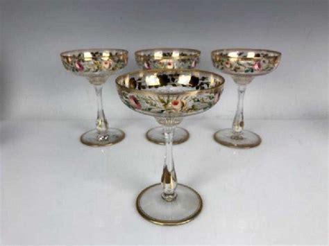 Set Of 4 Enameled And Gilt Moser Champagne Glasses