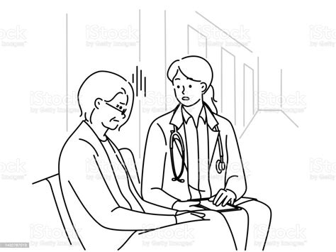 Female Doctor Talk With Mature Patient In Clinic Stock Illustration