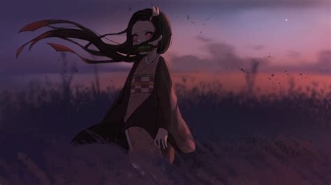Demon Slayer Nezuko Kamado Standing On Field With Shallow Background Of Sky And Clouds Hd Anime