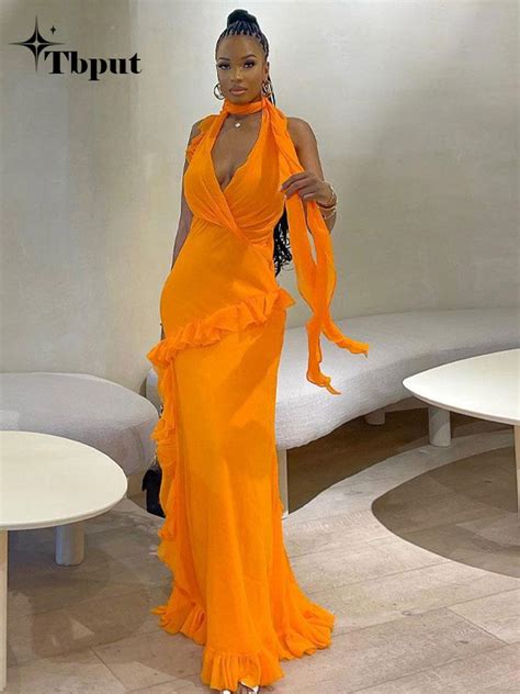 Women Elegant Irregular Ruffles Slim Long Dress 2023 Summer Sexy V Neck Sleeveless Halter Maxi