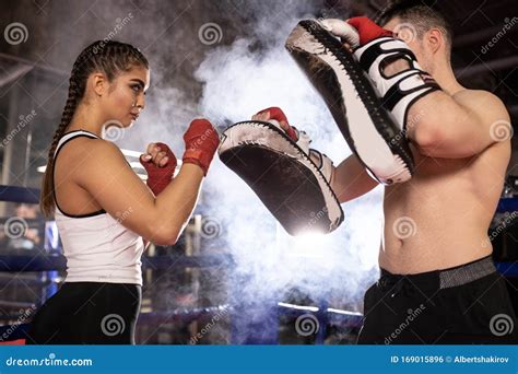Boxing Man And Woman Together In Ring Stock Photo Image Of Kick