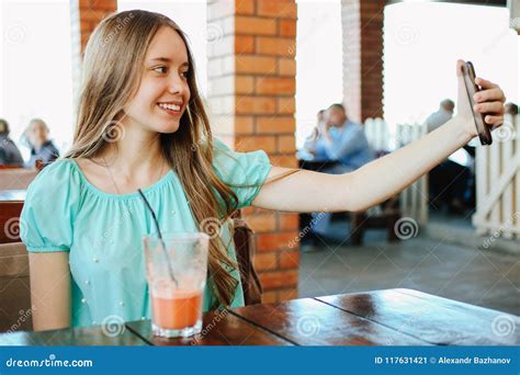 Girl Doing Selfie With Fruit Smoothies Stock Image Image Of Background Female 117631421