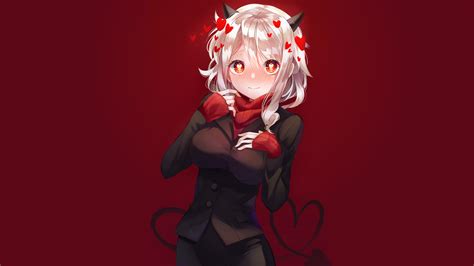 Anime Girls White Hair Anime Horns Heart Design Red Background
