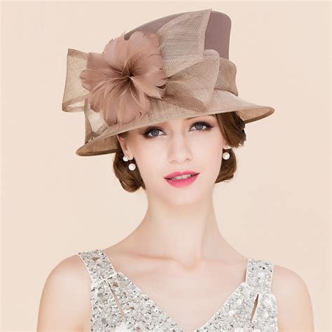 Women Elegant Linen Wedding Hats Wide Brim Women Brown Summer Floral