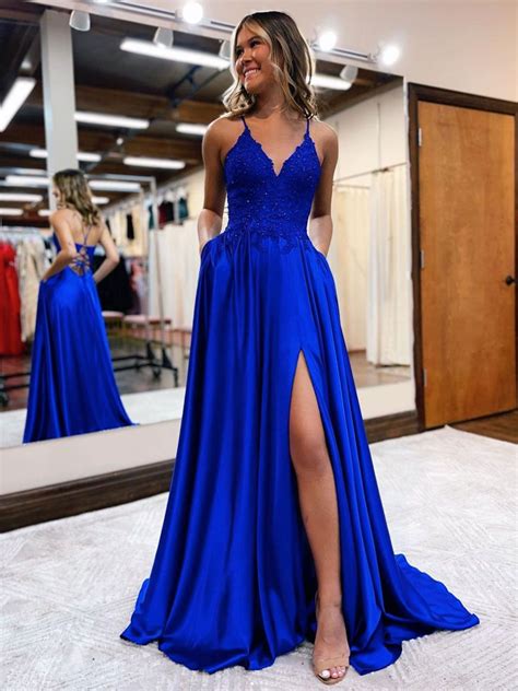 Blue V Neck Satin Lace Long Prom Dress Blue Evening Dress Prom