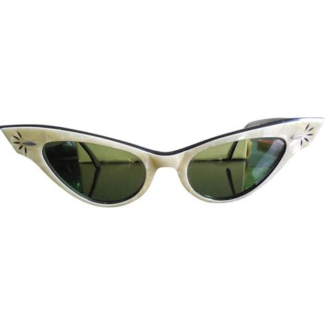 vintage 1950s 1960s bandl ray ban cat eye sunglasses pearl and black in leather case sold at ruby