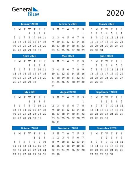 Op deze website staat iedere online jaarkalender / kalender voor o.a. 2020 Calendar (PDF, Word, Excel) | General Blue