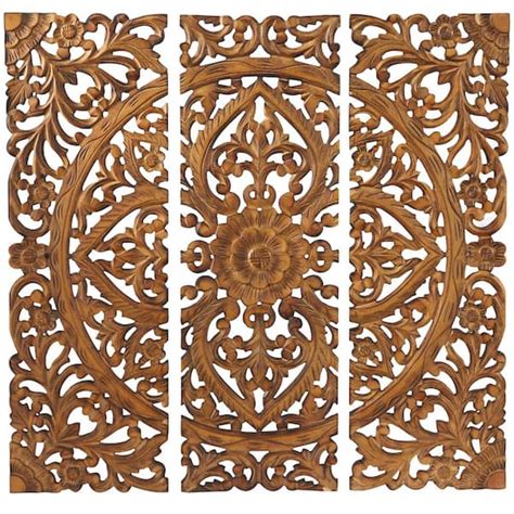 Litton Lane Wood Brown Handmade Intricately Carved Floral Wall Decor