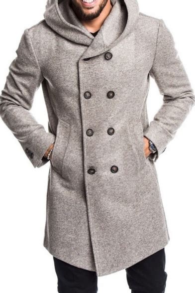 Mens Simple Plain Long Sleeve Double Breasted Woolen Coat Longline