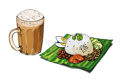 Teh Tarik And Nasi Lemak Illustration Isolated On White Stock