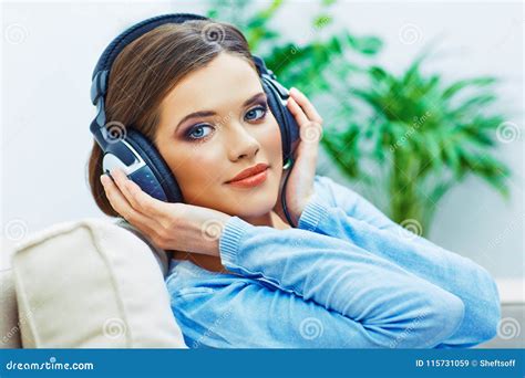 Beautiful Girl Face Portrait With Listening Music In Headphones Stock