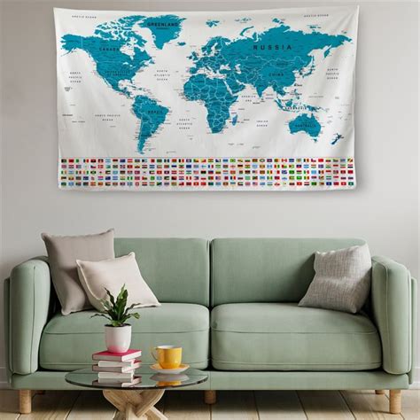 World Map Tapestry With Country Flags Blue World Map Tapestry Country