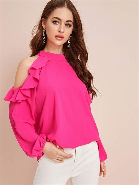 Solid Ruffle Trim Open Shoulder Blouse Open Shoulder Blouse Romantic