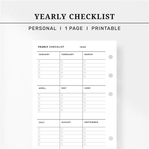 Personal Inserts Yearly Checklist Printable L 12 Month Etsy Yearly