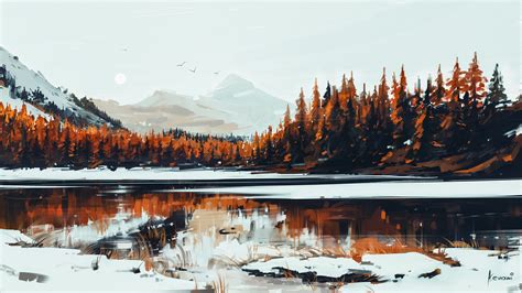 Wallpaper Landscape Forest Digital Art Lake