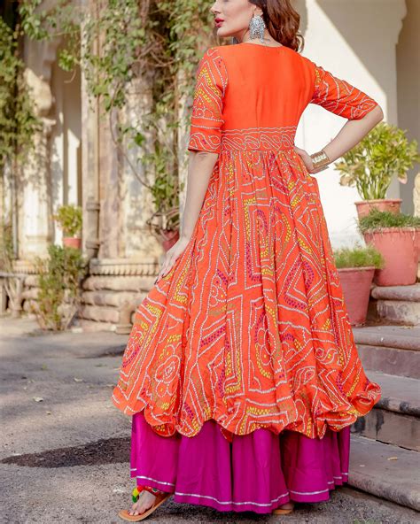 Orange Bandhani Flared Dress By Floral Tales The Secret Label