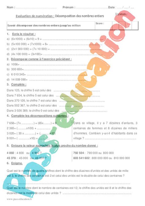 Evaluation Les nombres entiers : CM2 - Cycle 3 - Bilan et ...