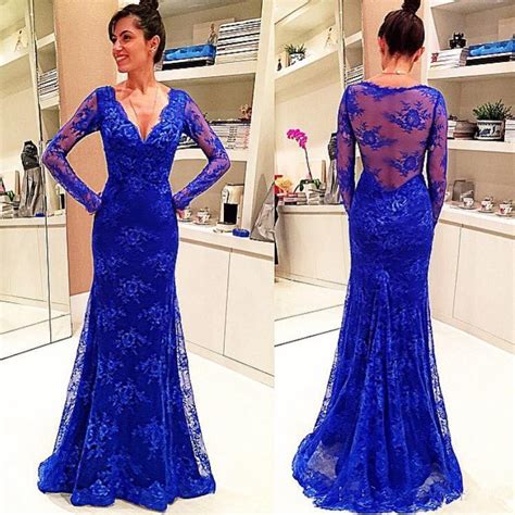 Royal Blue Lace Mermaid Prom Dresses Long Sleeves See Through Prom