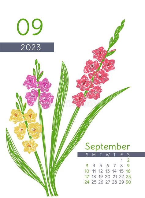 Floral Calendar 2023 Year September Month Gladiolus Botanical