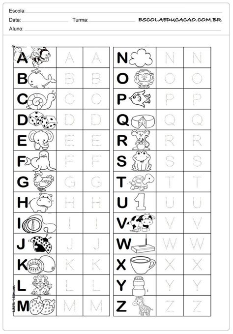 Alfabeto pontilhado com ilustrações Atividades com o alfabeto Planilhas pré escolares