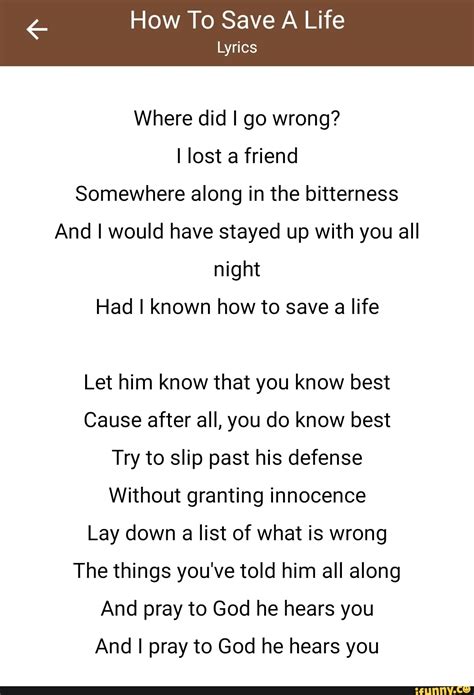 A How To Save A Life Lyrics Where Did I Go Wrong I Lost Friend