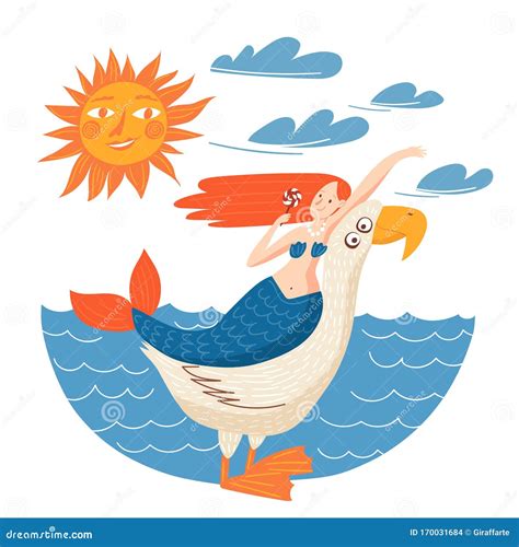 Ocean Funny Illustration With Mermaid With Candy And Seagull Stock