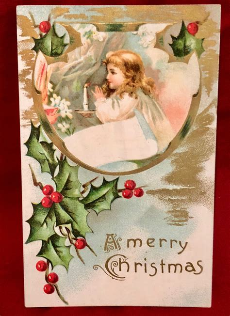 Vintage Used Christmas Postcard With Victorian Child In Prayer Circa 1912