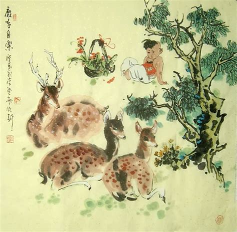 Chinese Deer Painting 0 4457001 66cm X 66cm26〃 X 26〃