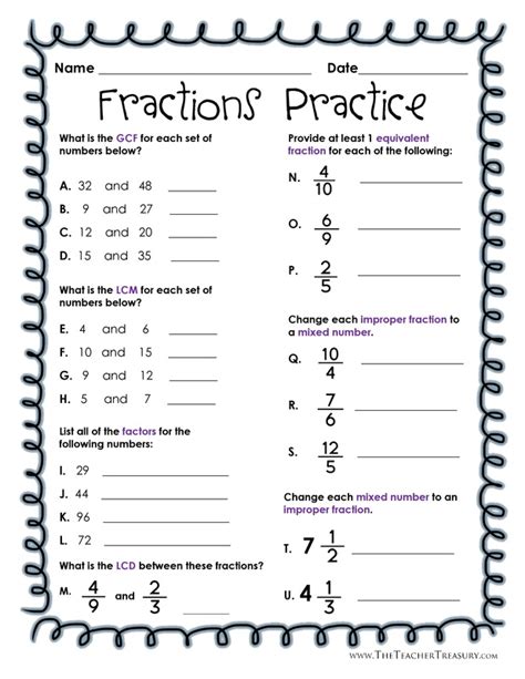 Fractions Practice: GCF, LCM, LCD, Mixed Numbers, Equivalent and