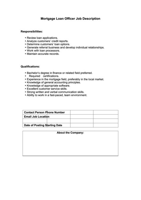 We are looking to hire a cfo to lead the company from a financial perspective. Mortgage Loan Officer Job Description printable pdf download