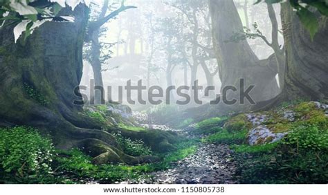 Path Through Magical Forest Sunrise Mysterious Stock Illustration