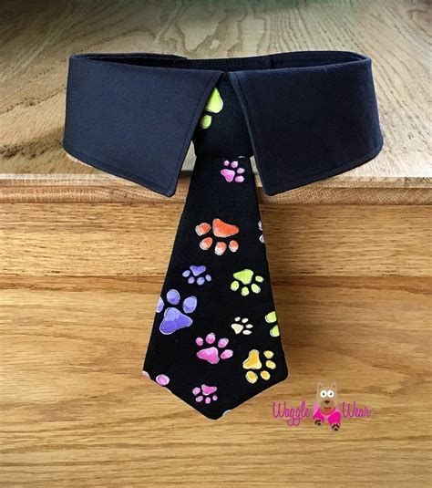 Dog Tie Collar Black Dog Tie With Colorful Paw Prints Dog Etsy Dog