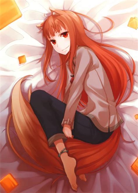 Tails Spice And Wolf Redheads Long Hair Animal Ears Red Eyes Lying Down Holo The Wise Wolf