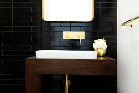 Black And Gold Powder Room With Wood Sink Vanity Contemporary