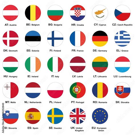Vector Illustration Set Of European Union Flags With Names And Country