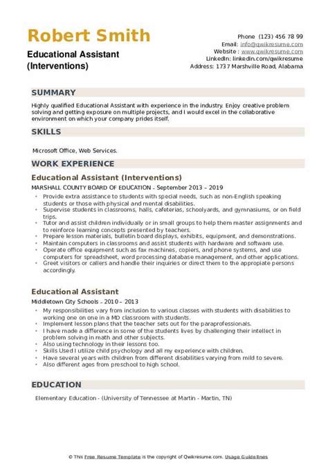 Educational Assistant Resume Samples | QwikResume