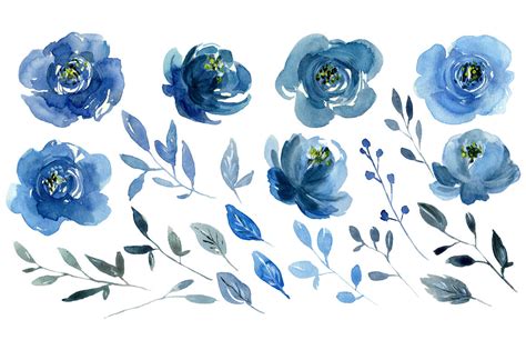 Watercolor Indigo Blue Roses Flowers Bouquets And A Wreath By