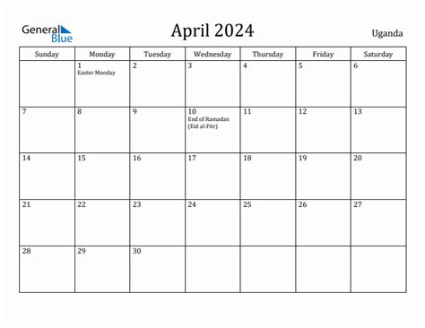 April 2024 Monthly Calendar With Uganda Holidays