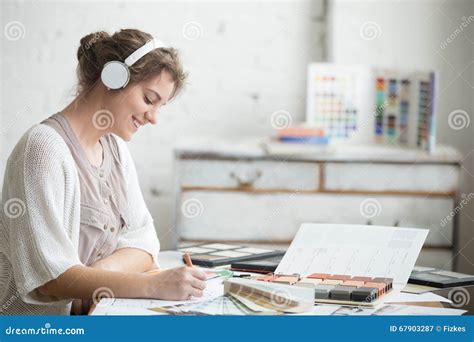 Cheerful Young Woman Listening Music At Work Stock Image Image Of