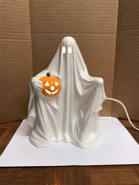 Ceramic White Ghost With Pumpkin Lights Up Halloween Decor New Etsy