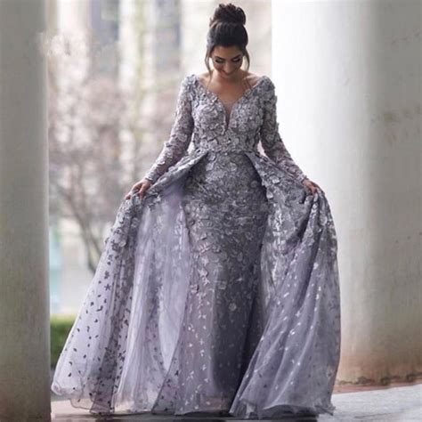 Gray Muslim Evening Dresses 2019 Mermaid V Neck Long Sleeves Tulle Lace