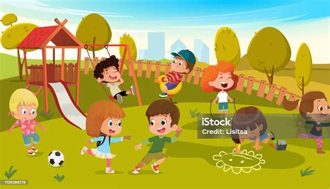 Kids Play Park Playground Vector Illustration Children Swing Outdoor In