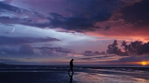 944690 Evening Nature Sunset Beach Water Alone Walking Sea Sky
