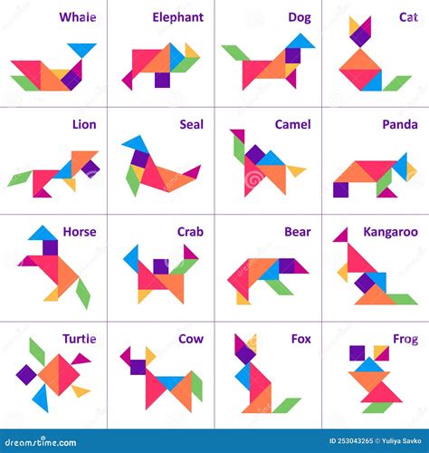 Tangram Puzzle For Kids Set Of Tangram Animals Stock Vector